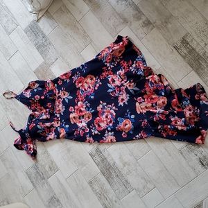 Premier Amour Size 4 Asymmetric Ruffle Pink Floral Navy Blue Dress Strapless